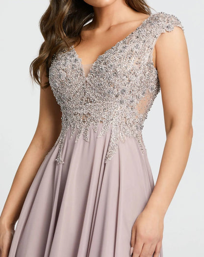 Mac Duggal Light Purple Cap Sleeve Applique Bodice Flowy Gown