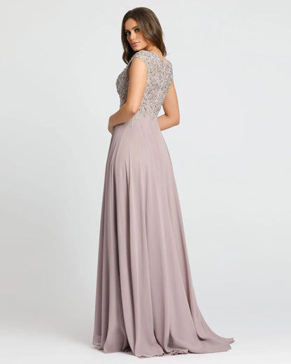 Mac Duggal Light Purple Cap Sleeve Applique Bodice Flowy Gown