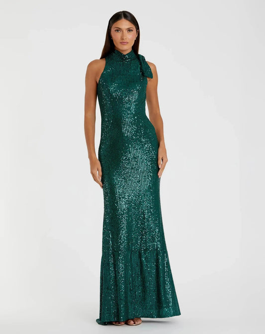 Mac Duggal Green Soft Tie Halter Neck Sequin Gown