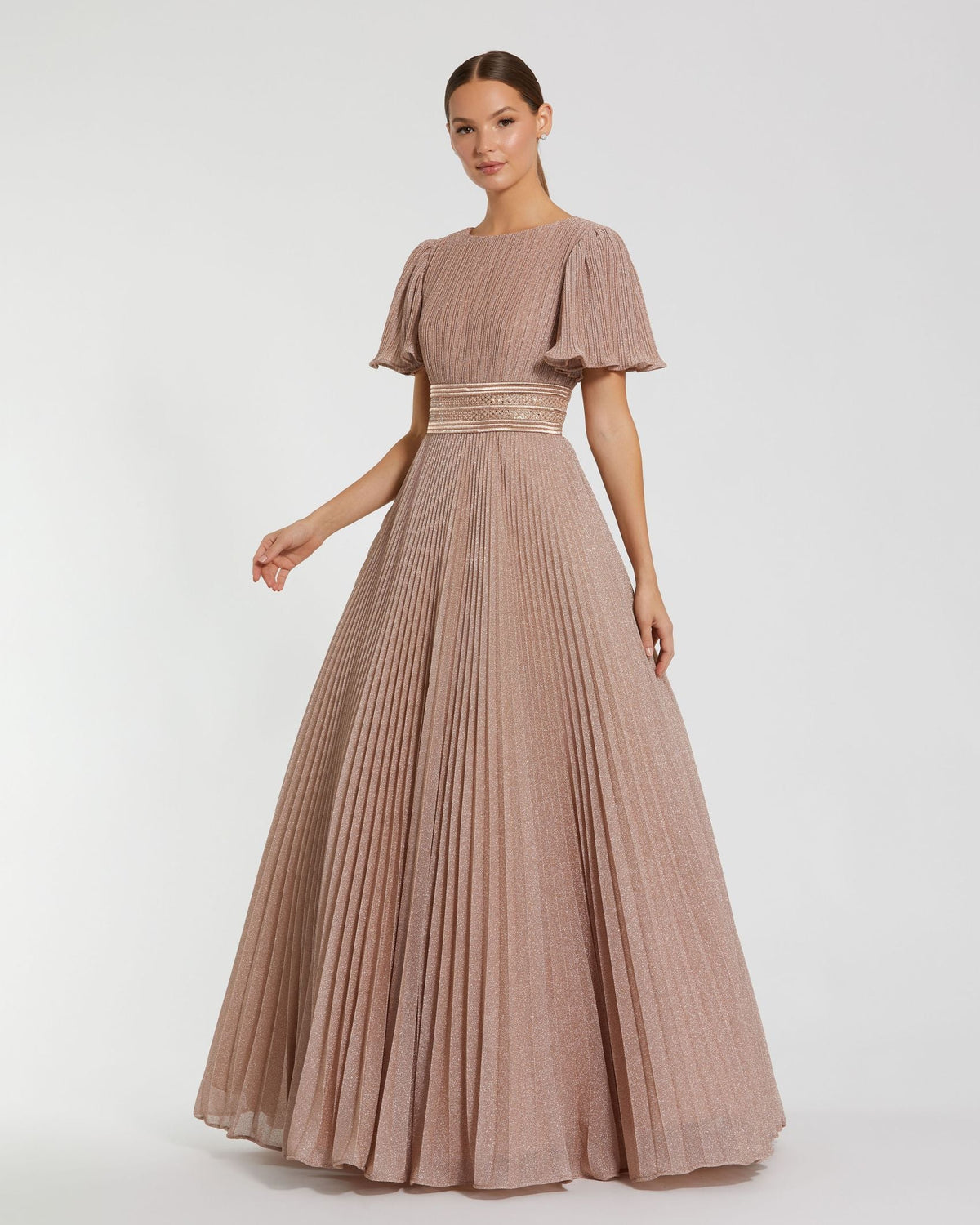 Mac Duggal Pink Pleated Shimmering Flutter Sleeve Ball Gown