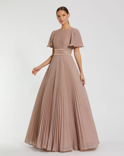Mac Duggal Pink Pleated Shimmering Flutter Sleeve Ball Gown