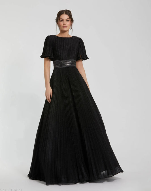 Mac Duggal Black Pleated Shimmering Flutter Sleeve Ball Gown