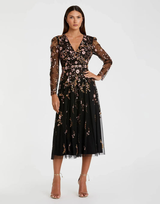 Mac Duggal Black Multicolor Floral Embroidered A-Line Cocktail Dress Duggal