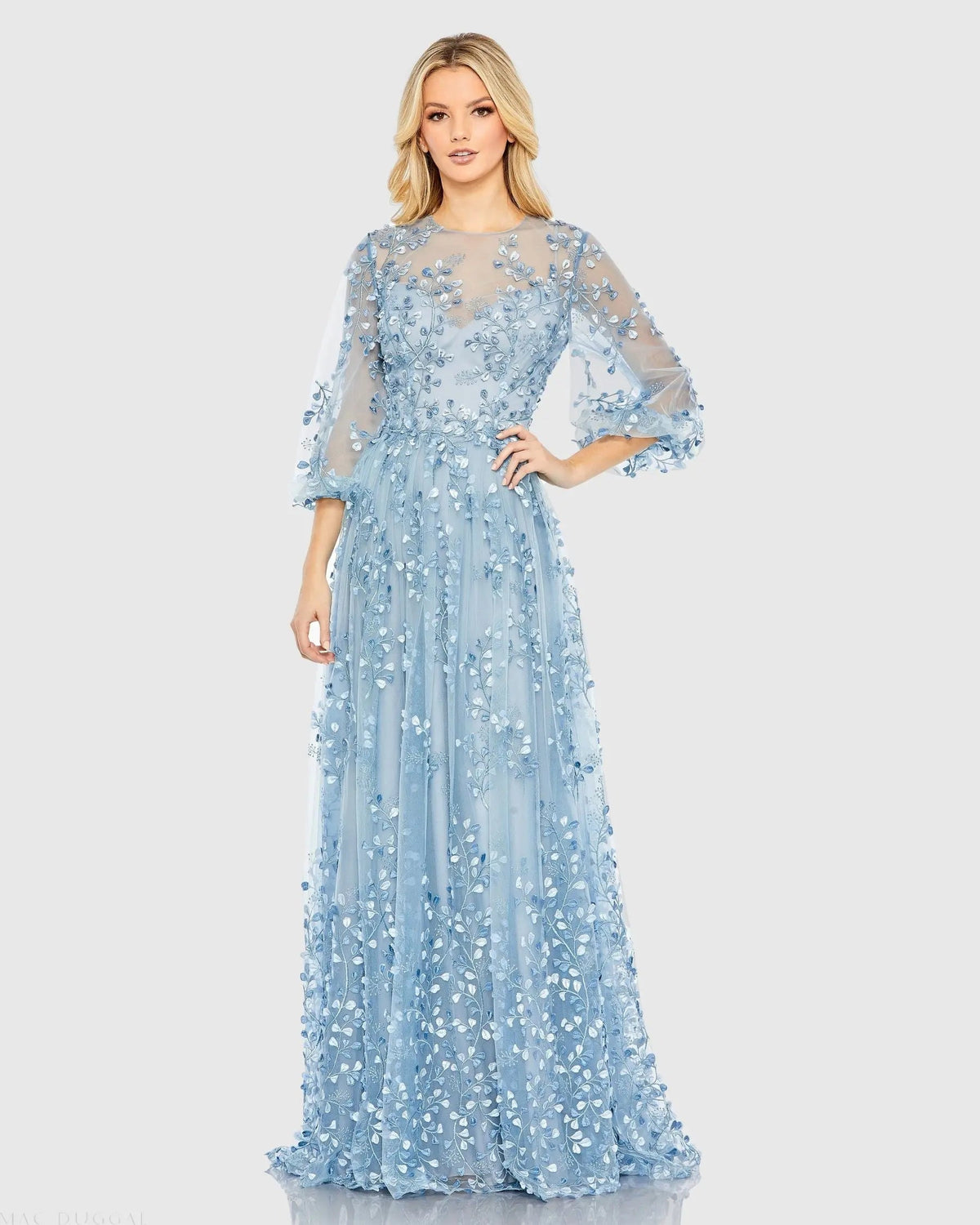 Mac Duggal Blue Embroidered Puff Sleeve A-Line Gown Duggal