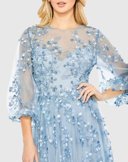 Mac Duggal Blue Embroidered Puff Sleeve A-Line Gown Duggal