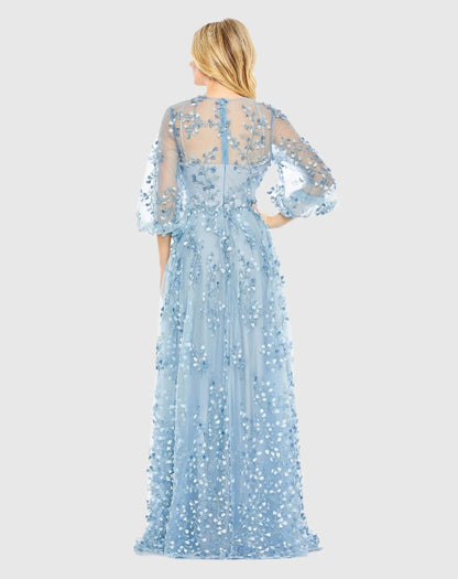 Mac Duggal Blue Embroidered Puff Sleeve A-Line Gown Duggal