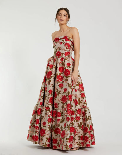 Mac Duggal Multicolor Brocade Strapless Floral Gown With Ruffle Hem