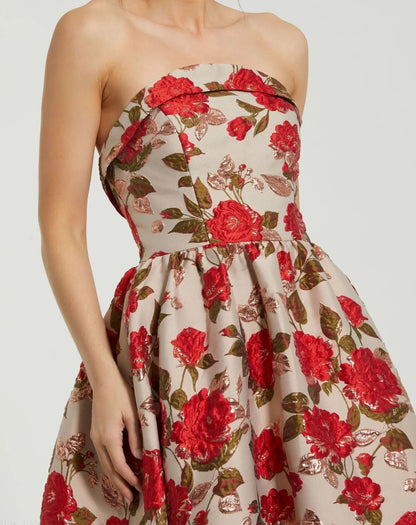 Mac Duggal Multicolor Brocade Strapless Floral Gown With Ruffle Hem