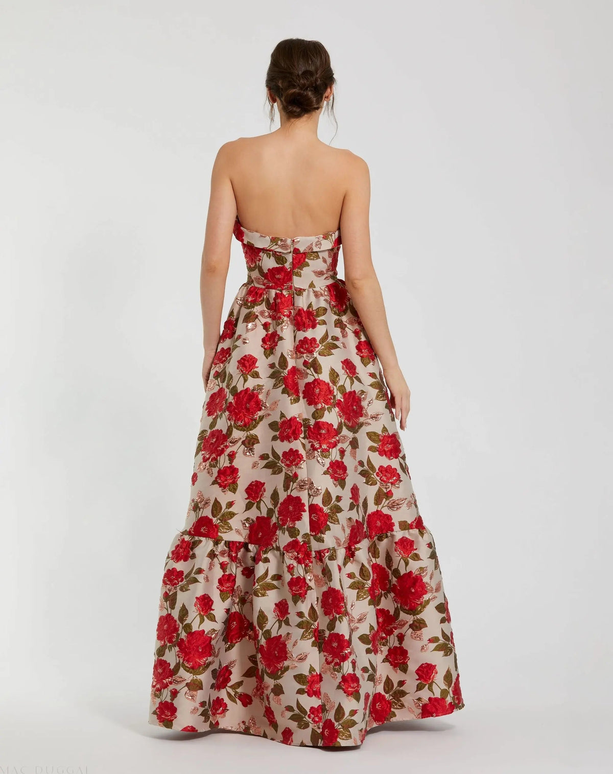 Mac Duggal Multicolor Brocade Strapless Floral Gown With Ruffle Hem