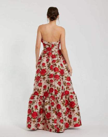 Mac Duggal Multicolor Brocade Strapless Floral Gown With Ruffle Hem