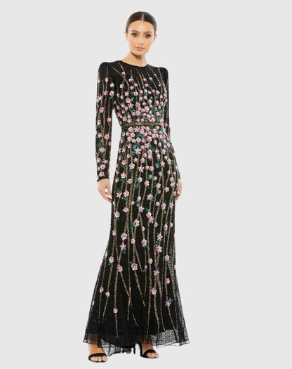 Mac Duggal Black Embellished High Neck Long Sleeve Gown