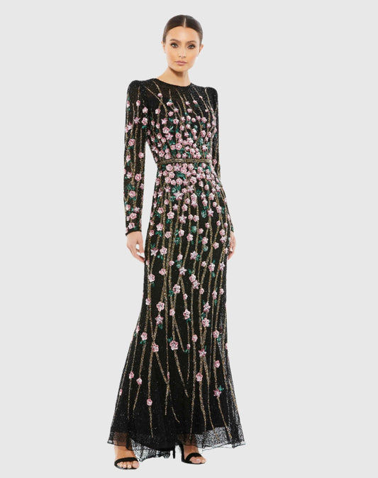 Mac Duggal Black Embellished High Neck Long Sleeve Gown