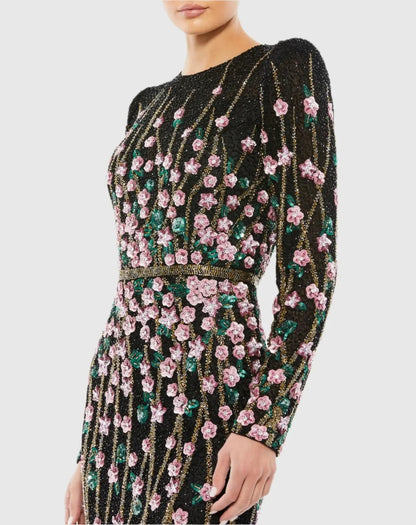 Mac Duggal Black Embellished High Neck Long Sleeve Gown