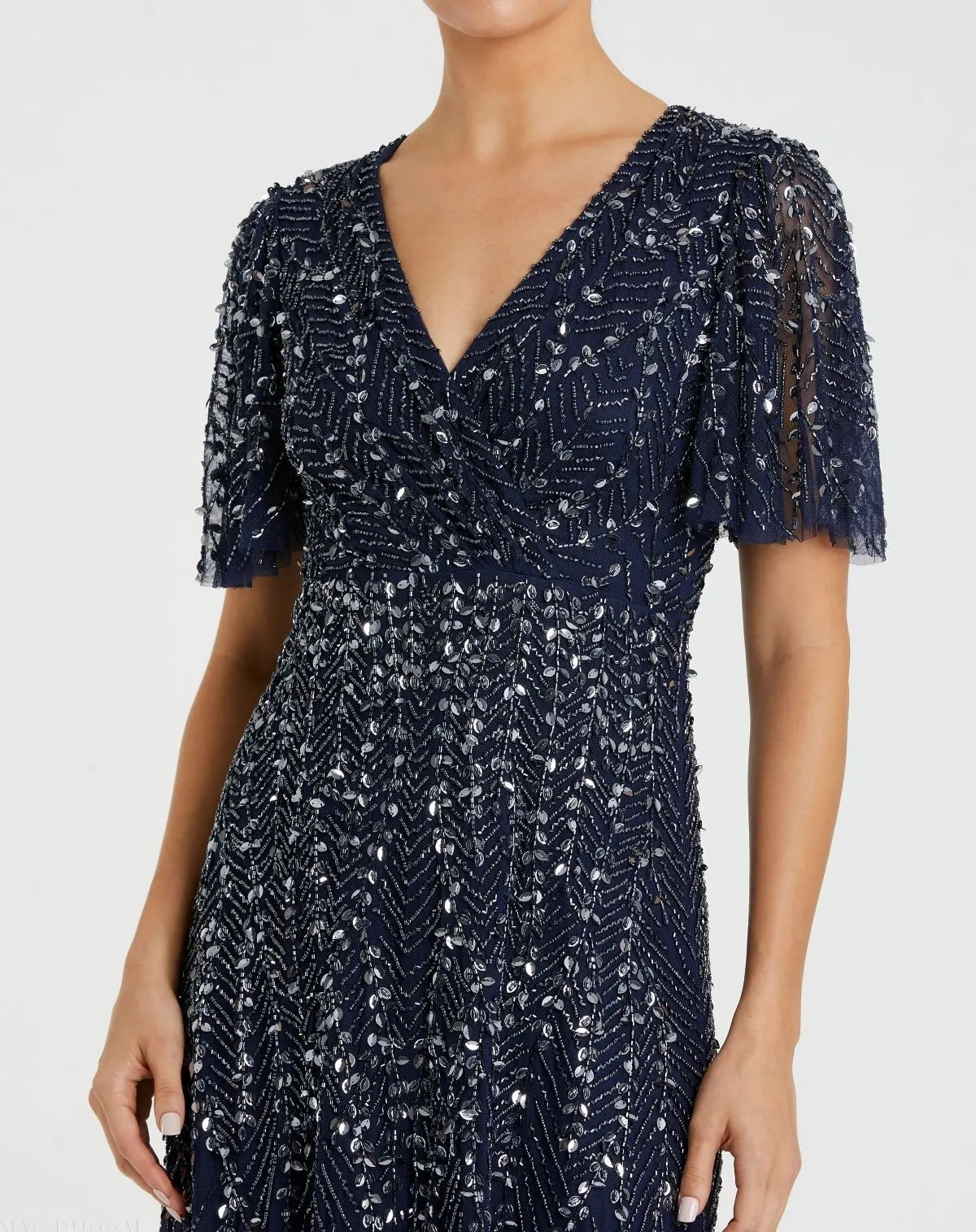 Mac Duggal Navy Beaded Wrap Over Butterfly Sleeve Dress