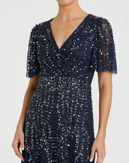 Mac Duggal Navy Beaded Wrap Over Butterfly Sleeve Dress