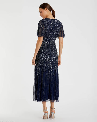 Mac Duggal Navy Beaded Wrap Over Butterfly Sleeve Dress