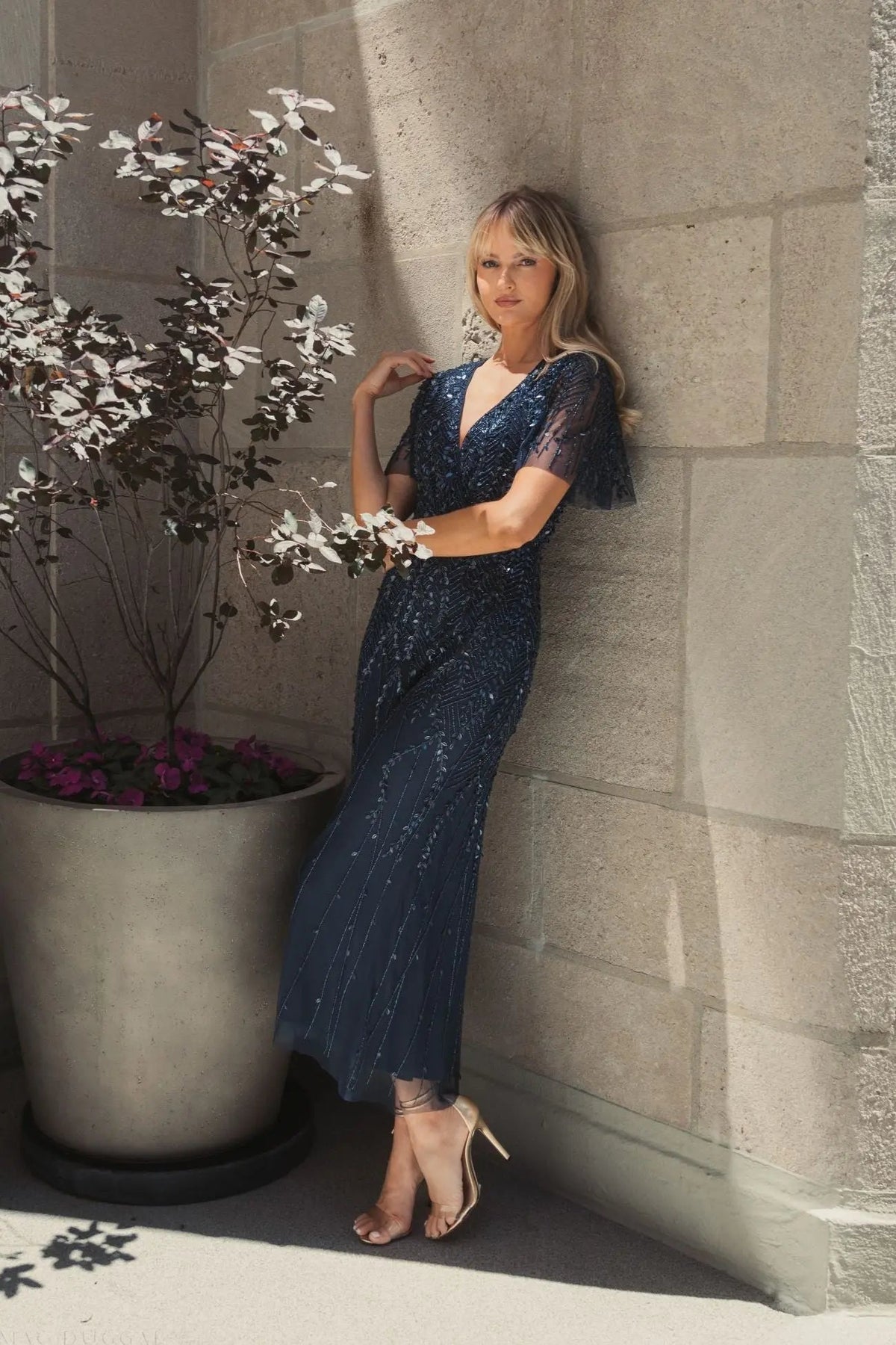 Mac Duggal Navy Beaded Wrap Over Butterfly Sleeve Dress