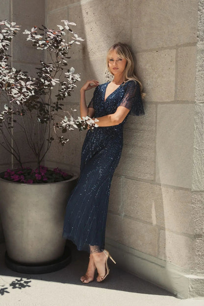 Mac Duggal Navy Beaded Wrap Over Butterfly Sleeve Dress