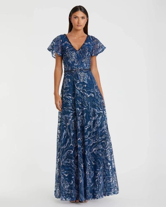Mac Duggal Embellished Illusion Butterfly Sleeve A-Line Dress