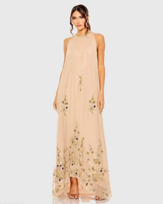 Mac Duggal Beige High Neck Floral Embellished Trapeze Gown