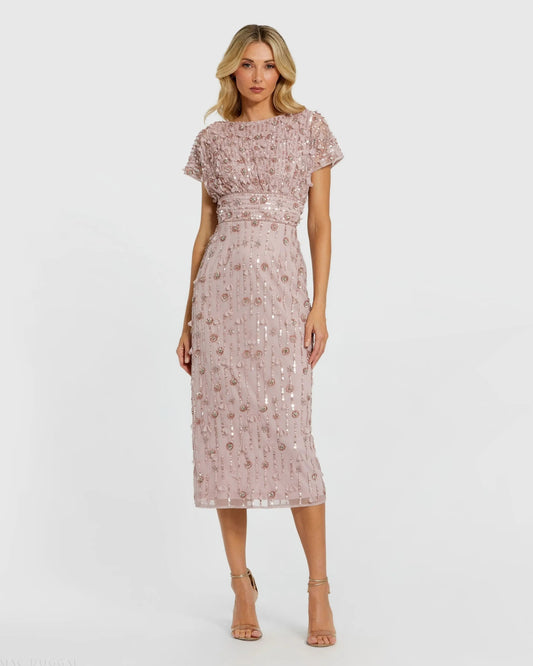 Mac Duggal Pink Cap Sleeve Sheath Midi Dress With Floral Beading