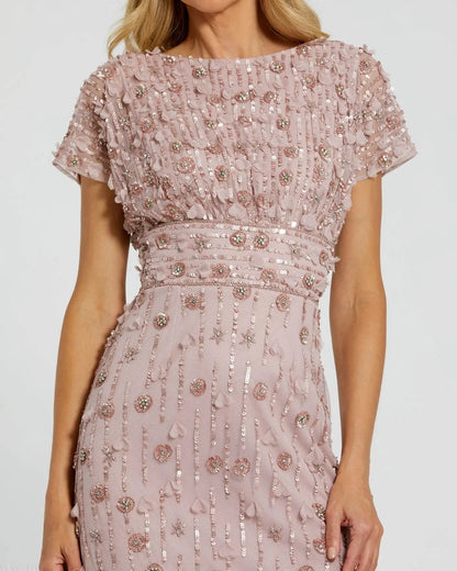 Mac Duggal Pink Cap Sleeve Sheath Midi Dress With Floral Beading