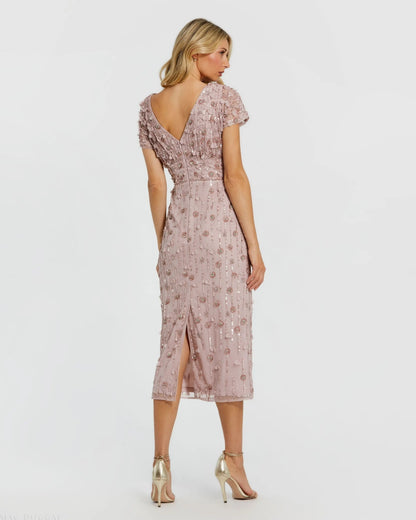 Mac Duggal Pink Cap Sleeve Sheath Midi Dress With Floral Beading