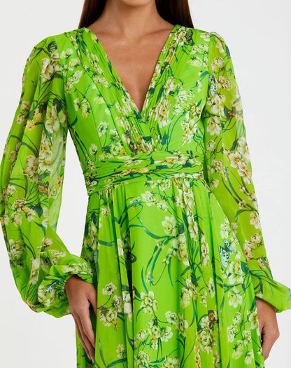 Mac Duggal Green Puff Sleeve Floral Chiffon Gown