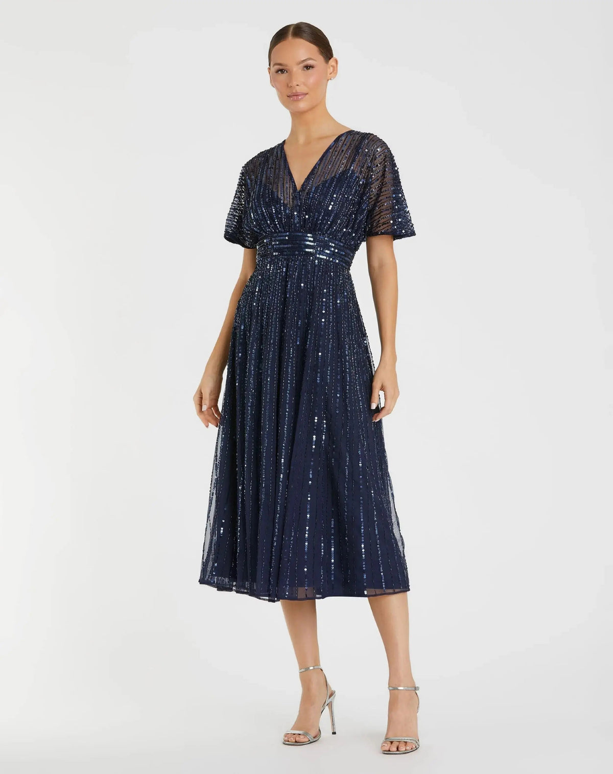 Mac Duggal Navy Embellished Short Sleeve Empire Waist Dress