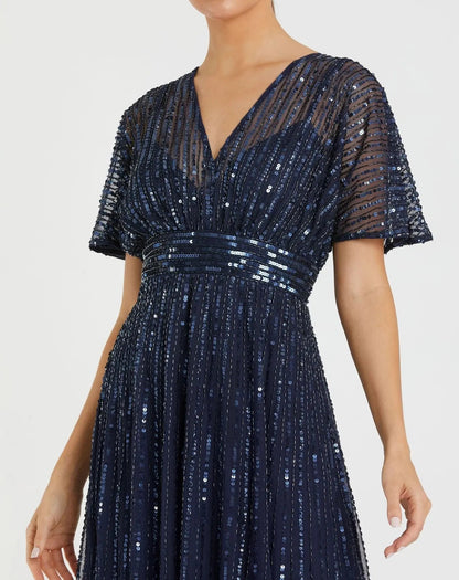Mac Duggal Navy Embellished Short Sleeve Empire Waist Dress