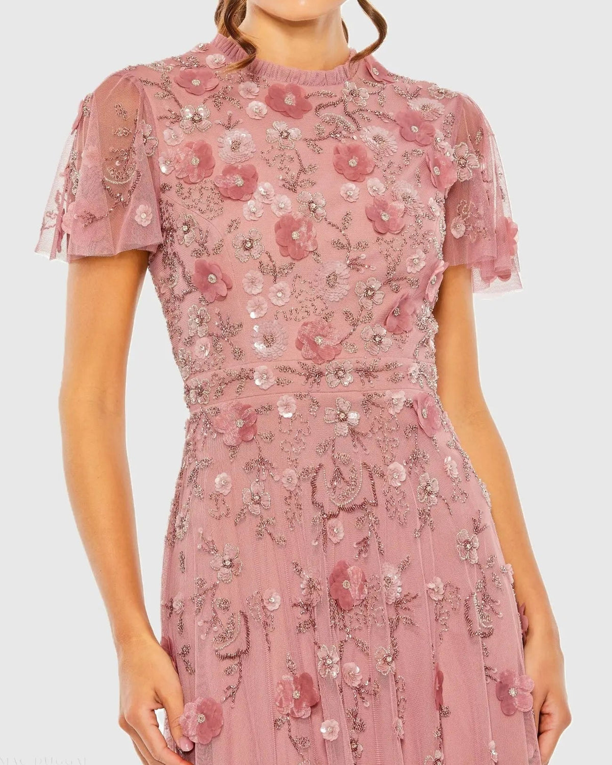 Mac Duggal Embellished High Neck Flutter Sleeve A Line Dress