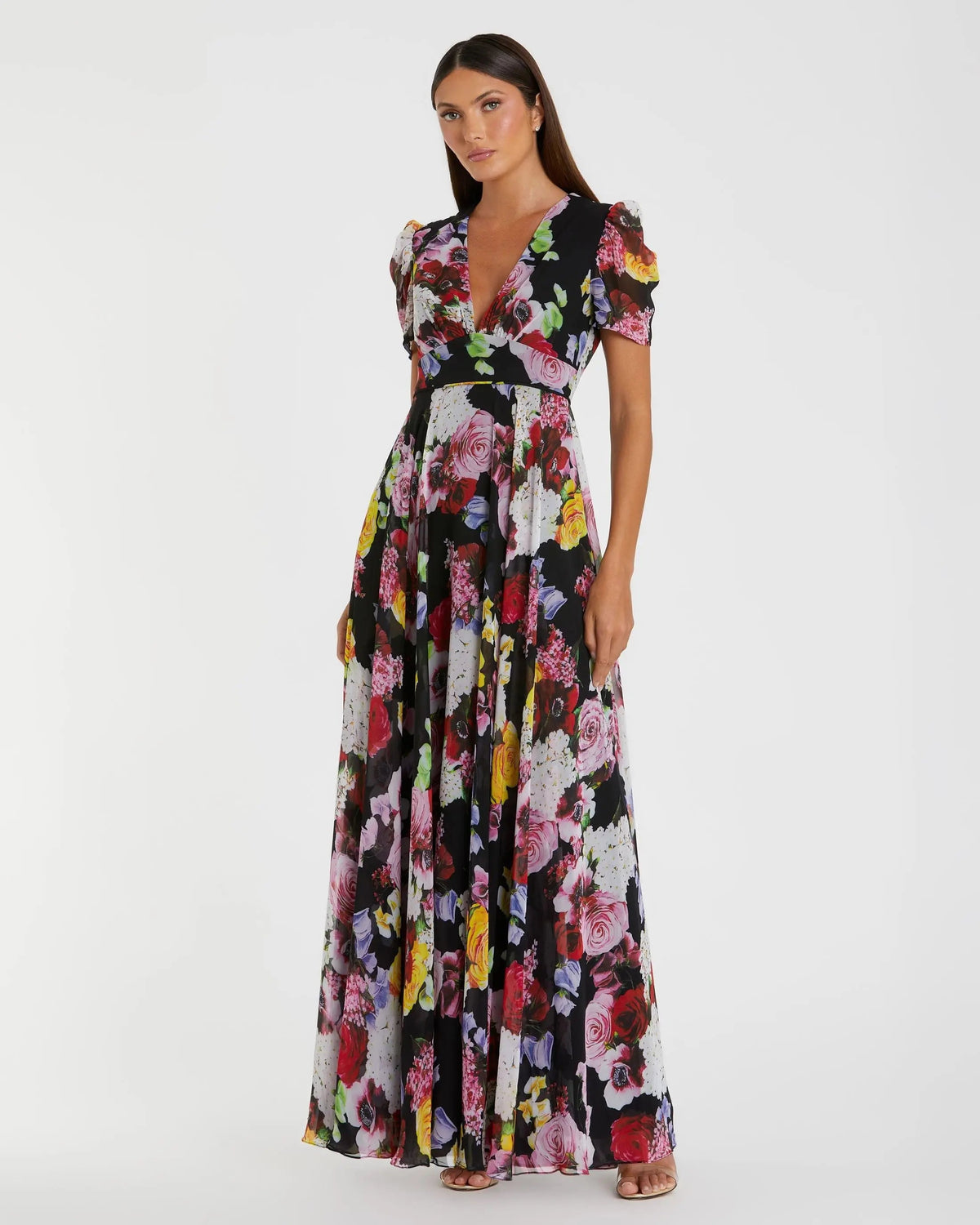 Mac Duggal Black Floral Print Mesh Short Sleeve Gown