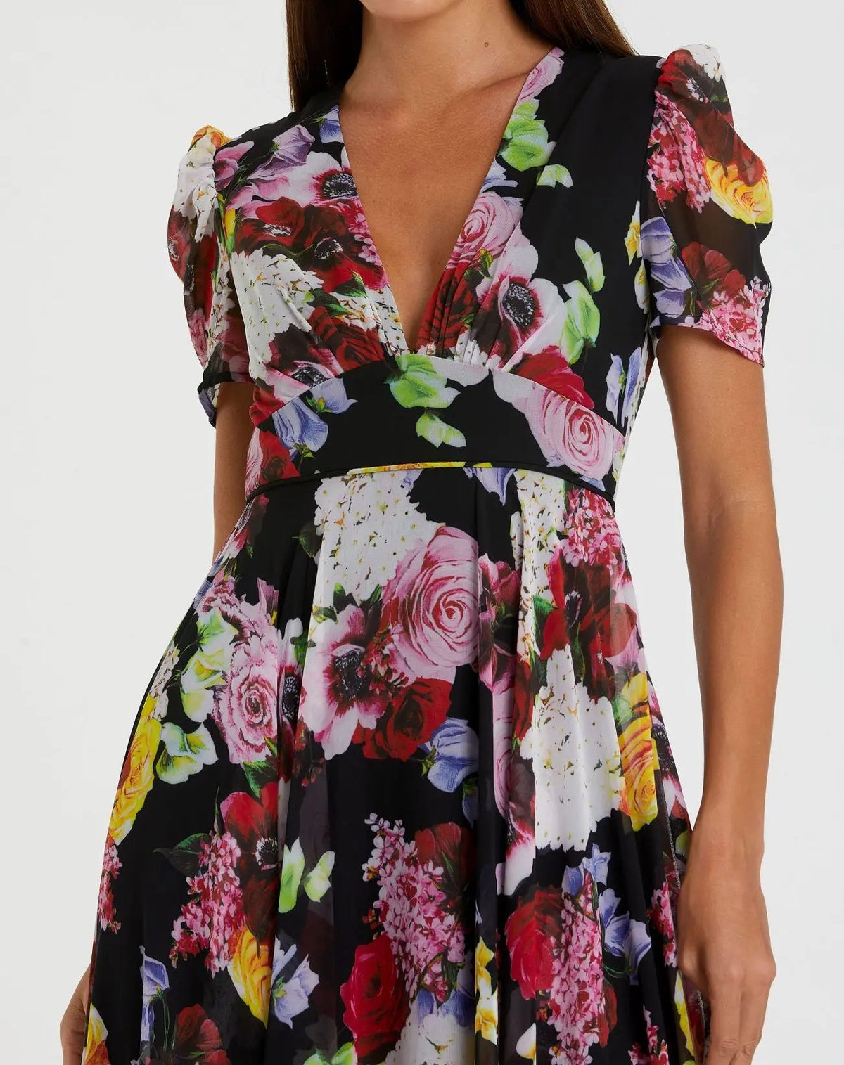 Mac Duggal Black Floral Print Mesh Short Sleeve Gown