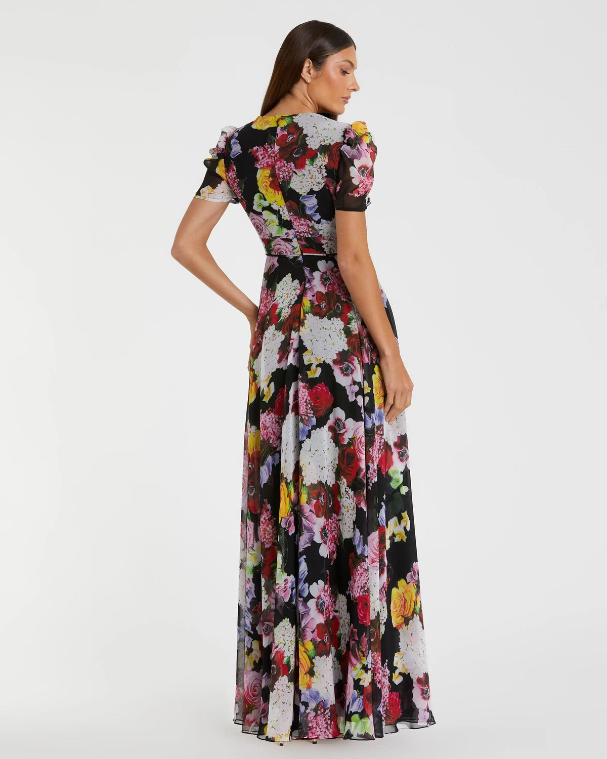 Mac Duggal Black Floral Print Mesh Short Sleeve Gown