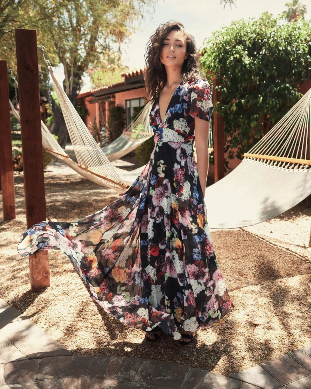 Mac Duggal Black Floral Print Mesh Short Sleeve Gown