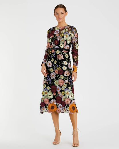 Mac Duggal Multicolor Floral Embroidered A-Line Midi Dress