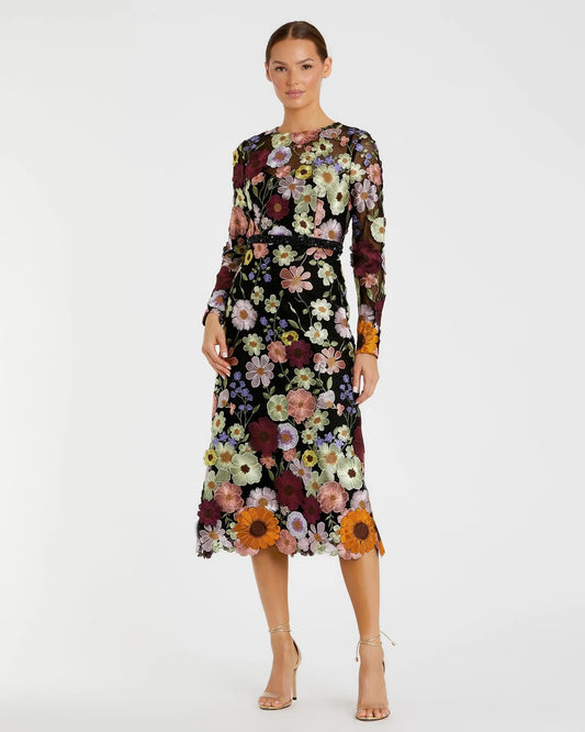 Mac Duggal Multicolor Floral Embroidered A-Line Midi Dress