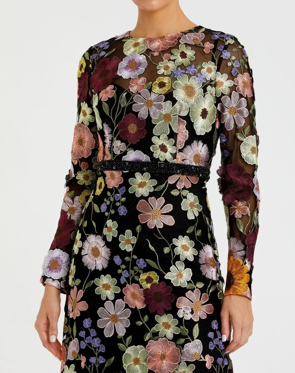 Mac Duggal Multicolor Floral Embroidered A-Line Midi Dress