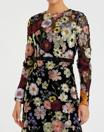 Mac Duggal Multicolor Floral Embroidered A-Line Midi Dress