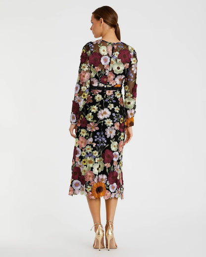 Mac Duggal Multicolor Floral Embroidered A-Line Midi Dress