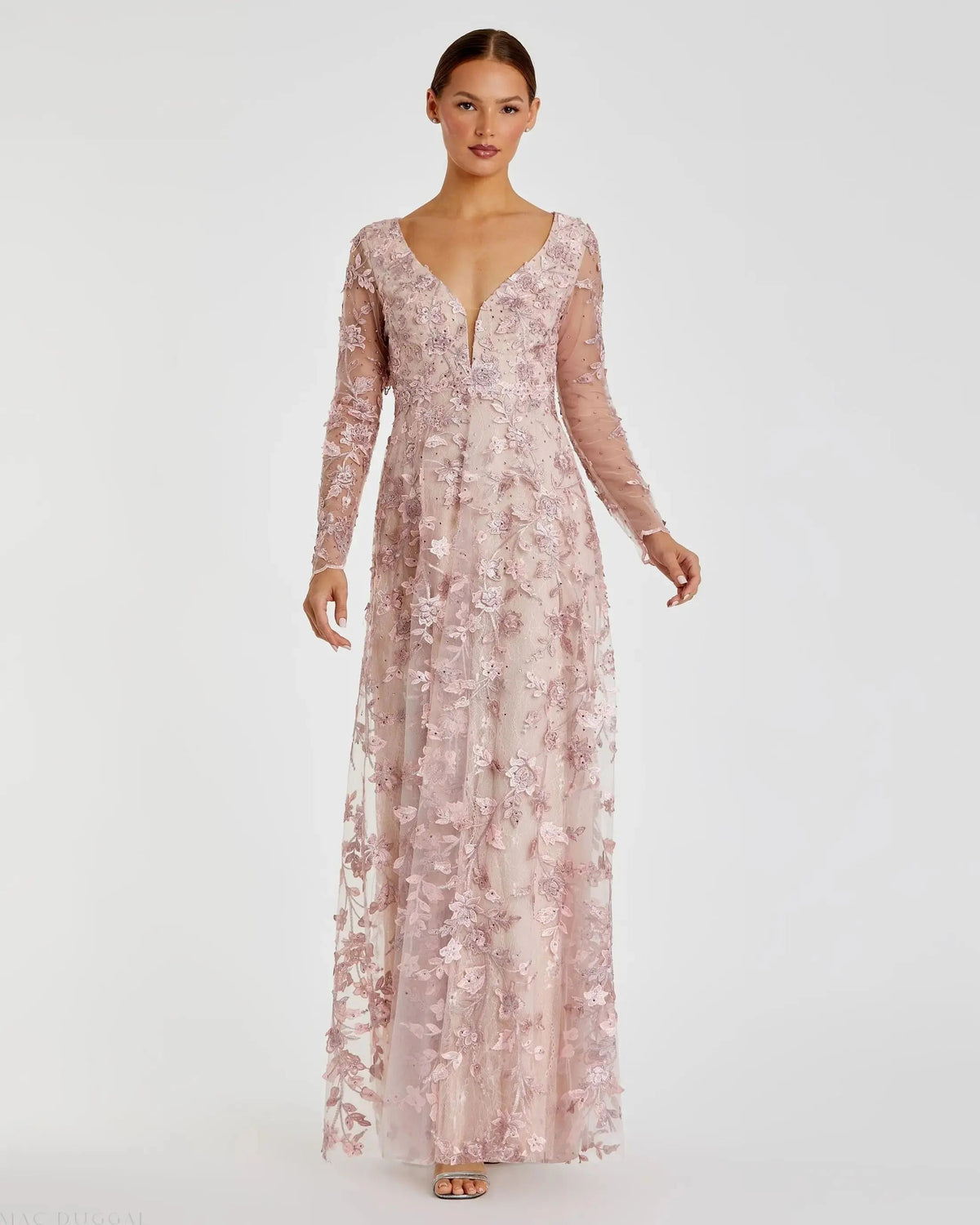 Mac Duggal Pink Floral Applique Long Sleeve Illusion Gown