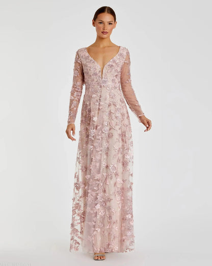 Mac Duggal Pink Floral Applique Long Sleeve Illusion Gown
