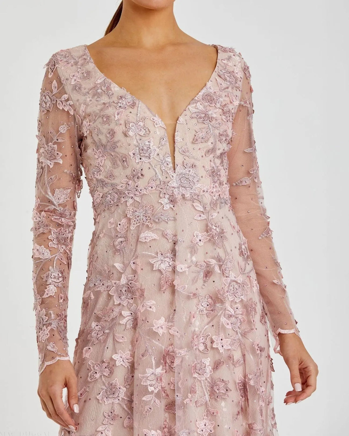 Mac Duggal Pink Floral Applique Long Sleeve Illusion Gown