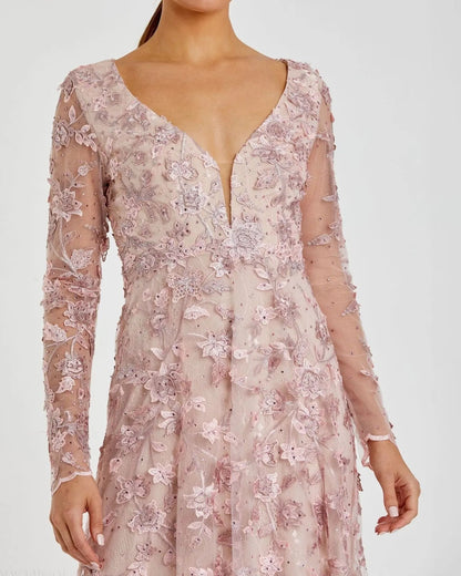 Mac Duggal Pink Floral Applique Long Sleeve Illusion Gown