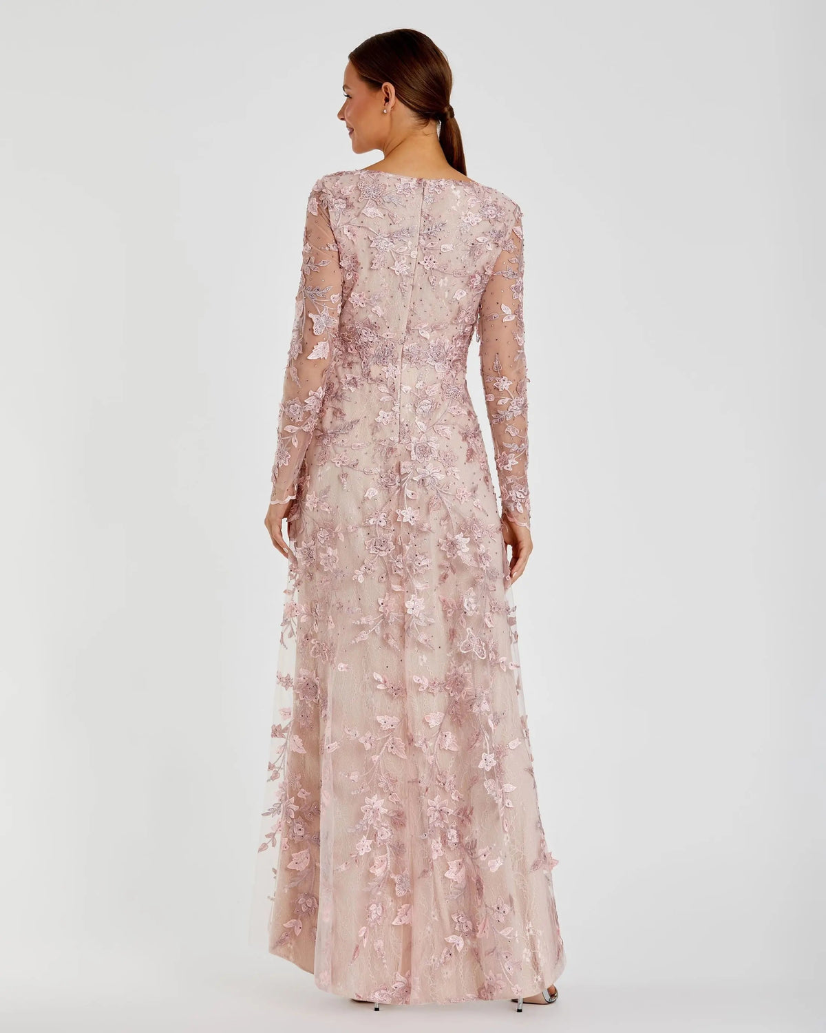 Mac Duggal Pink Floral Applique Long Sleeve Illusion Gown