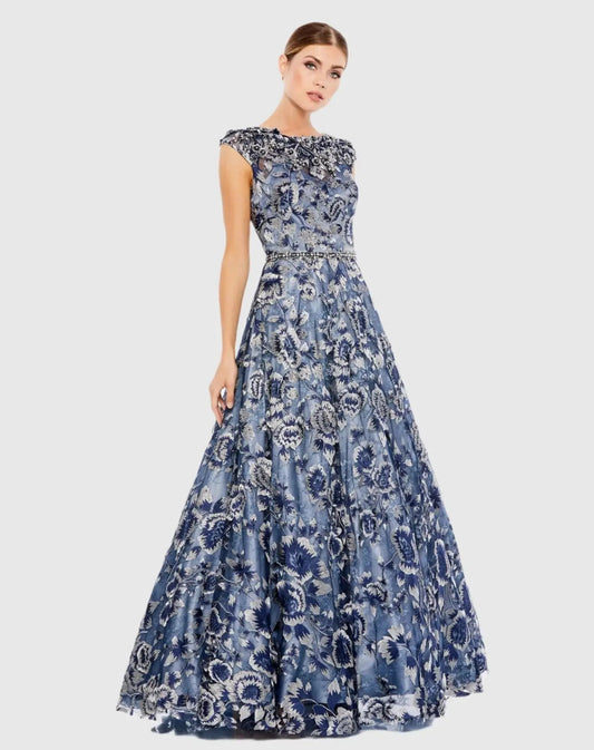 Mac Duggal Blue Embellished Cap Sleeve High Neck Ball Gown