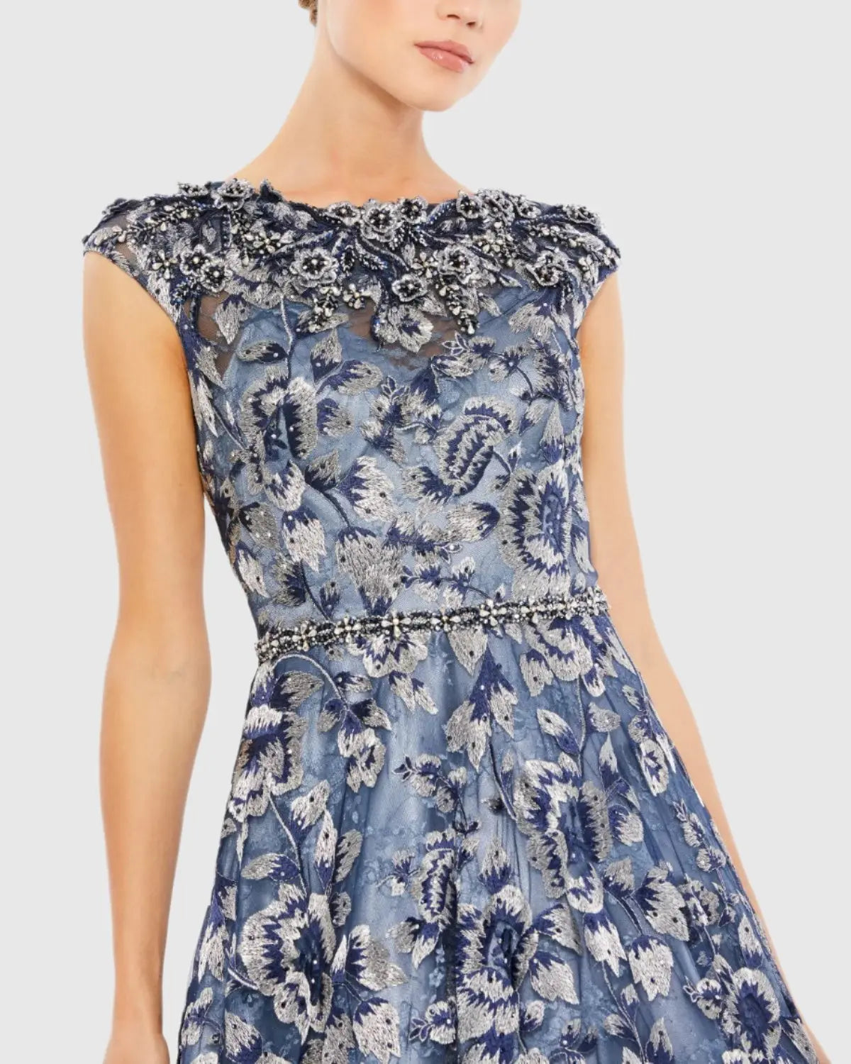 Mac Duggal Blue Embellished Cap Sleeve High Neck Ball Gown