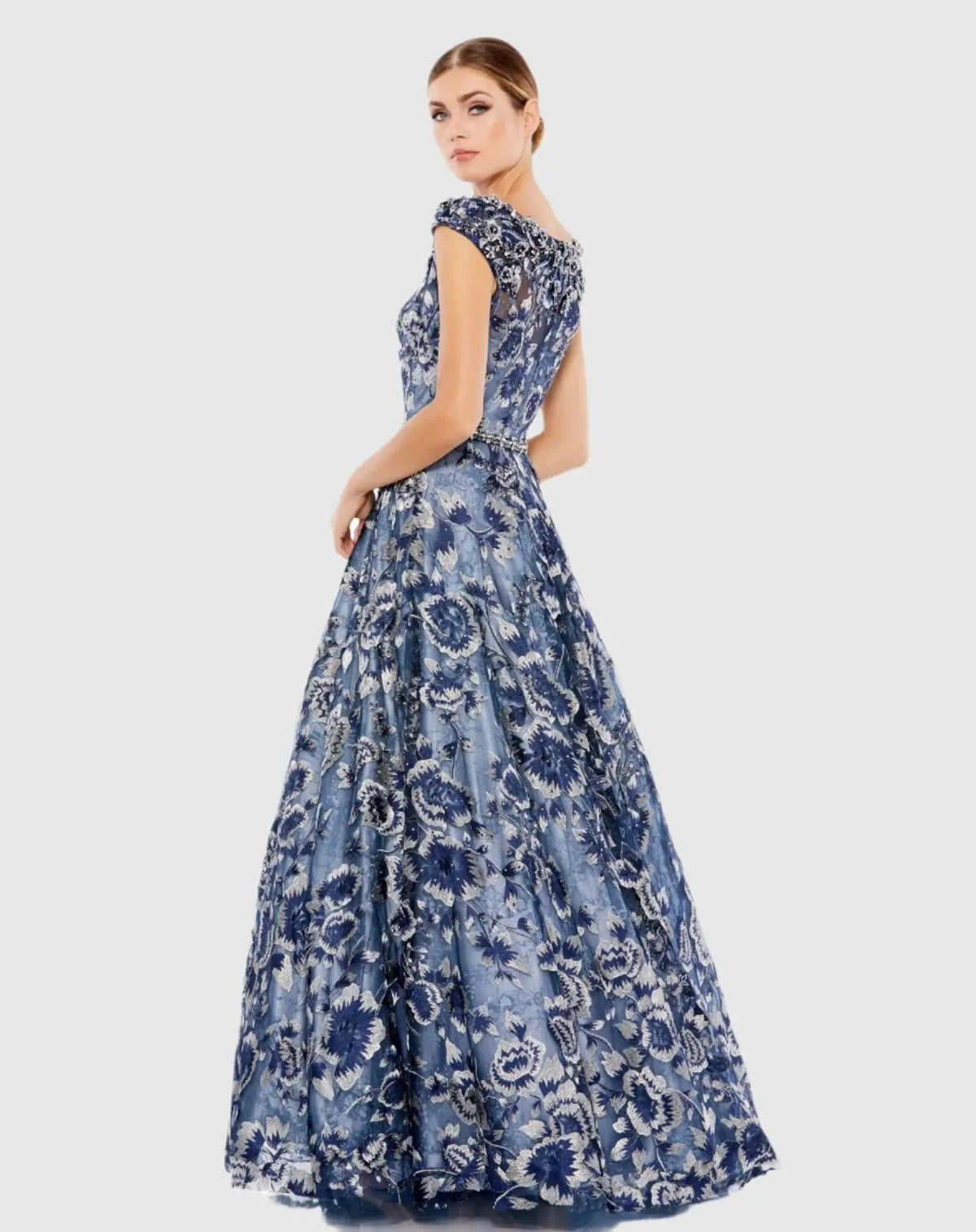 Mac Duggal Blue Embellished Cap Sleeve High Neck Ball Gown