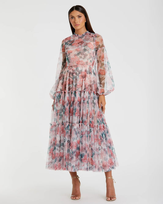 Mac Duggal Multicolor Floral High Neck Balloon Sleeve Midi Dress