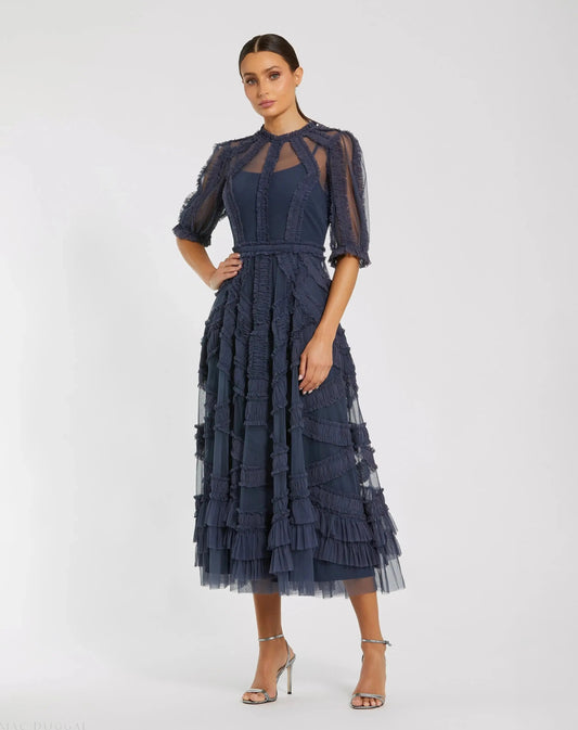 Mac Duggal Dark Blue High Neck Ruffle Tiered A-Line Midi Dress